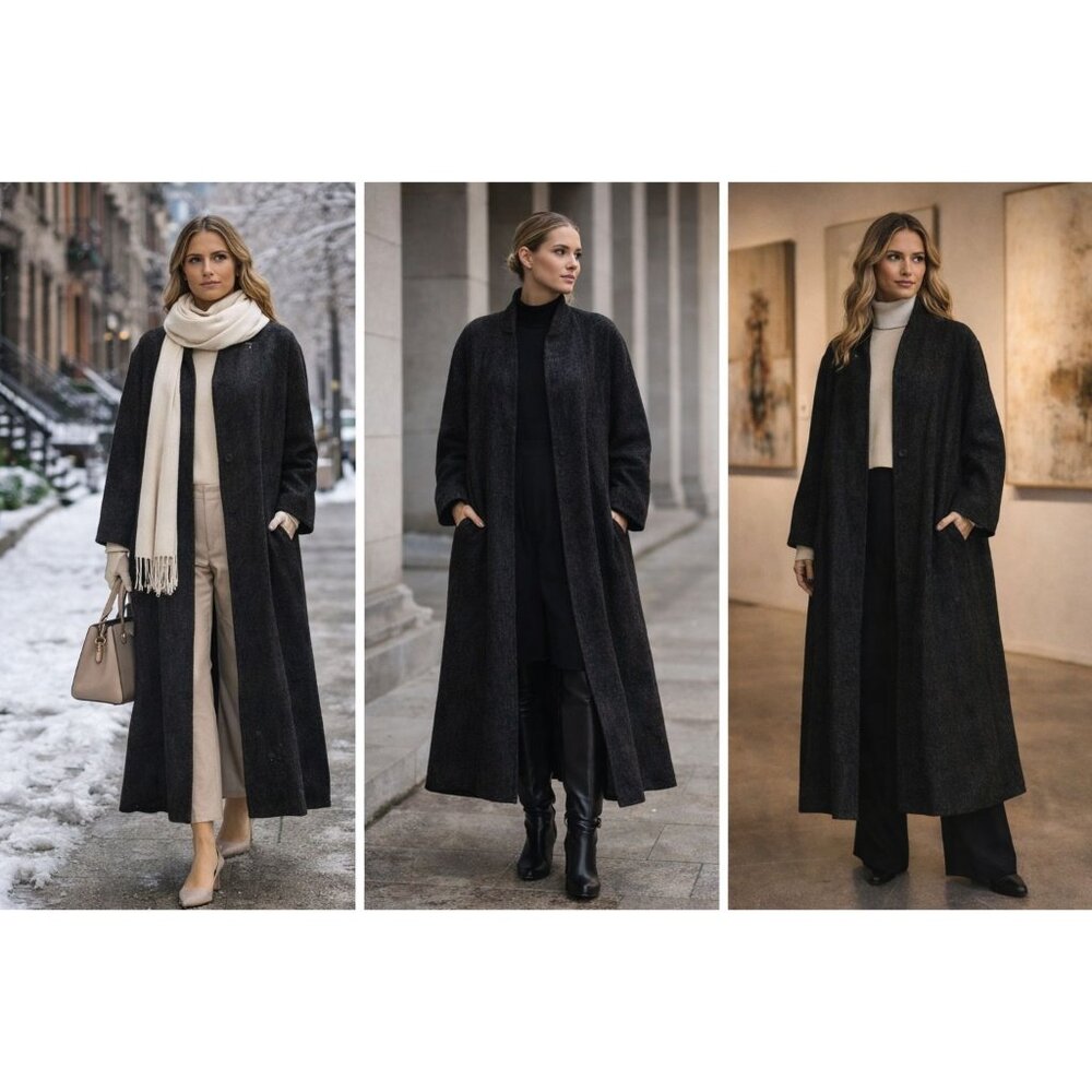 Eileen Fisher Women Wool blend black silk lining Long Coat 3X Quiet Luxury